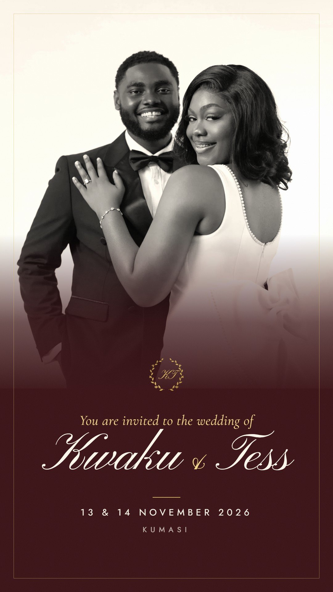 The invitation image that is shared: Kwaku and Tess, 13 and 14 November 2026, Kumasi